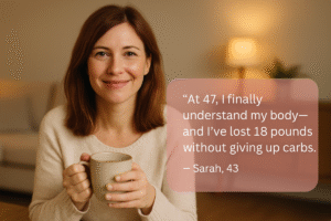 Testimonial from Sarah, a smiling woman in her 40s, sharing her success story about weight loss after 40 for women.