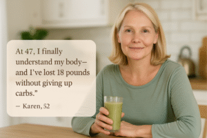 Karen, a confident woman aged 40+, shares her positive experience losing weight after menopause with customized nutrition tips.