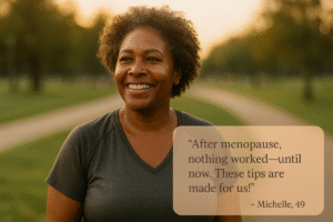Michelle, a middle-aged woman, celebrating her weight loss transformation thanks to mindset coaching and fitness guidance for women over 40.