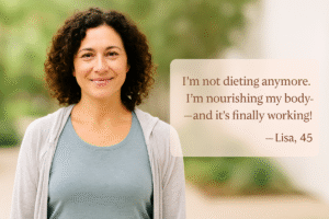Lisa, a woman over 40, giving a glowing testimonial on how she burned fat and balanced hormones with support from WeightLossAfter40forWomen.com.