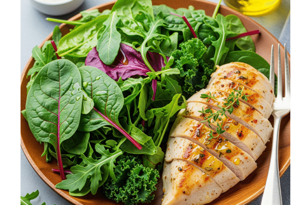 High-protein grilled chicken breast with leafy greens — a weight loss meal for women over 40 to support fat burning and hormone balance after menopause.