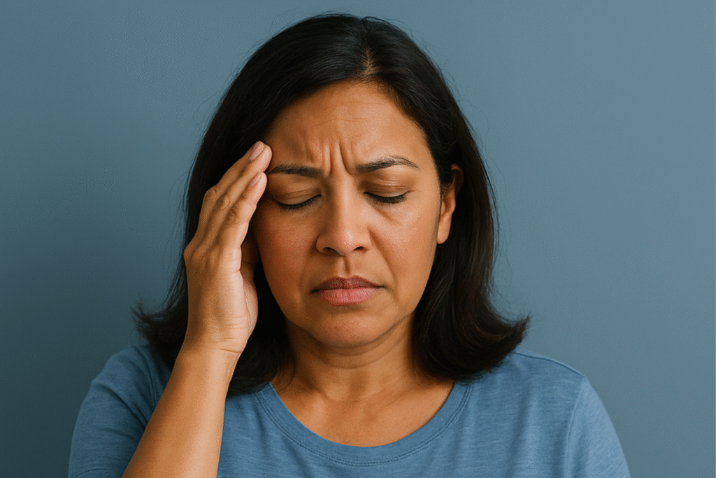 Middle-aged woman with medium skin tone wearing a blue shirt, eyes closed and touching her forehead, expressing fatigue and brain fog—common symptoms related to hormonal health for women over 40.