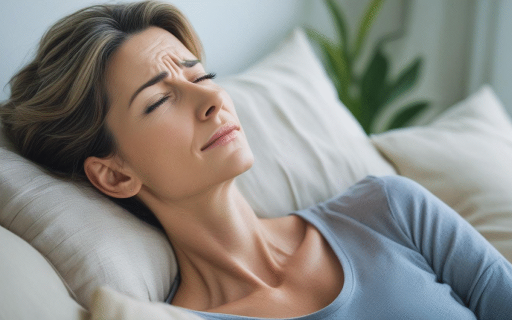 Middle-aged woman lying in bed with a pained or fatigued expression, representing hormonal imbalance symptoms such as sleep disturbances, anxiety, or fatigue during perimenopause.