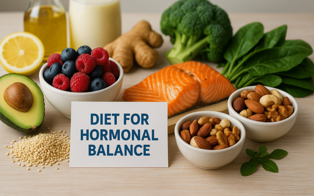 High-resolution image showcasing a nutrient-rich diet for hormonal health after 40, featuring salmon, avocado, leafy greens, nuts, berries, quinoa, and ginger, arranged around a sign labeled “Diet for Hormonal Balance.