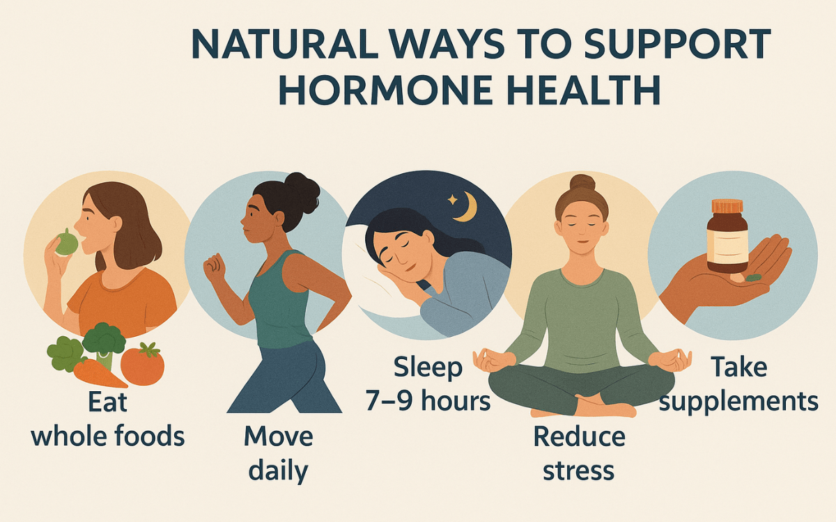 Illustration showing five natural ways to support hormonal health after 40 in women, including eating whole foods, moving daily, sleeping 7–9 hours, reducing stress, and taking supplements—each represented with diverse female figures in lifestyle activities.