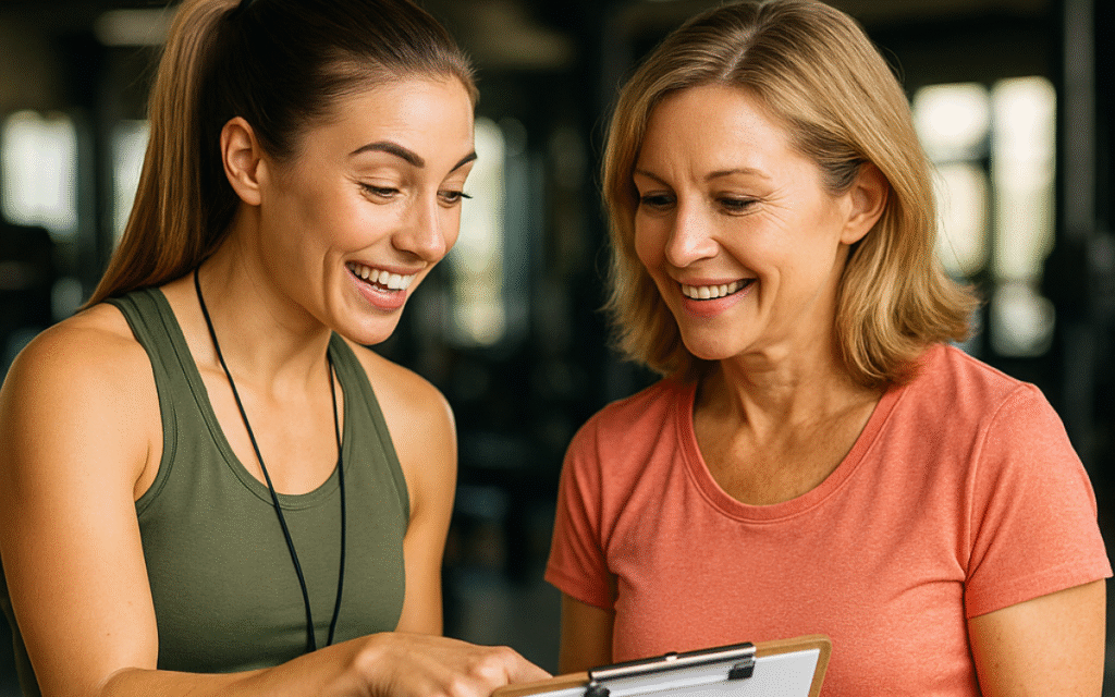 A woman over 40 working with a female personal trainer in a gym, designing a personalized fitness routine as part of exercise & fitness for women over 40.