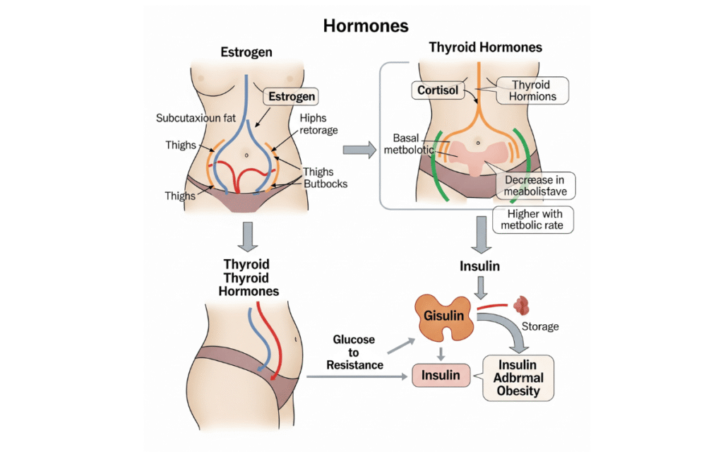 Illustration showing hormonal changes in women over 40 affecting metabolism and body composition
