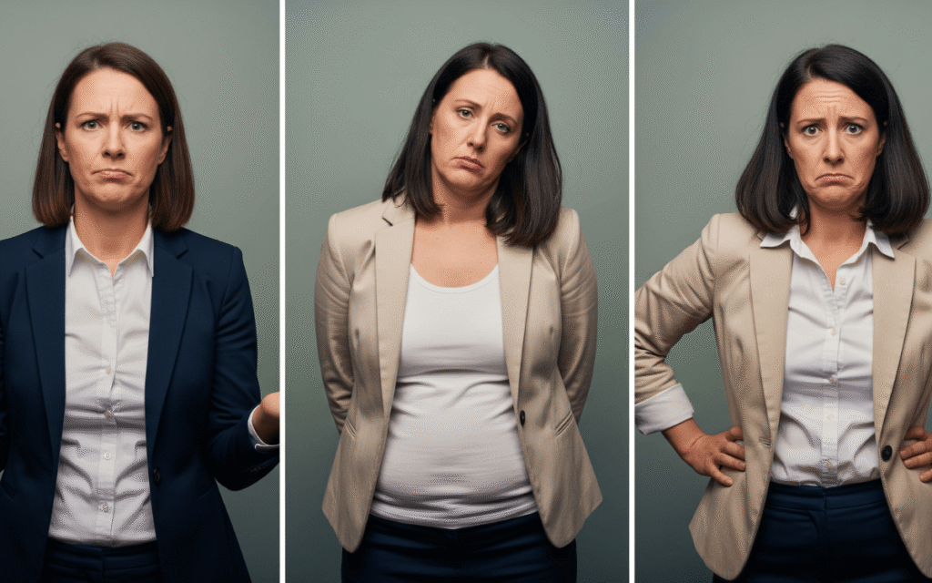 Visual examples of common weight struggles in midlife women — fatigue, belly fat, and stress