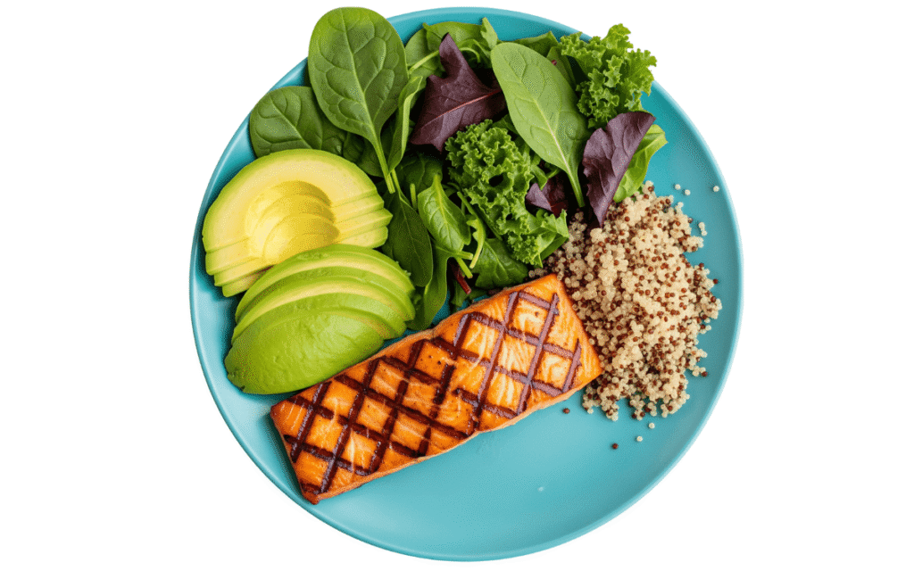 Hormone-balancing meal with salmon, avocado, and greens for weight management after 40