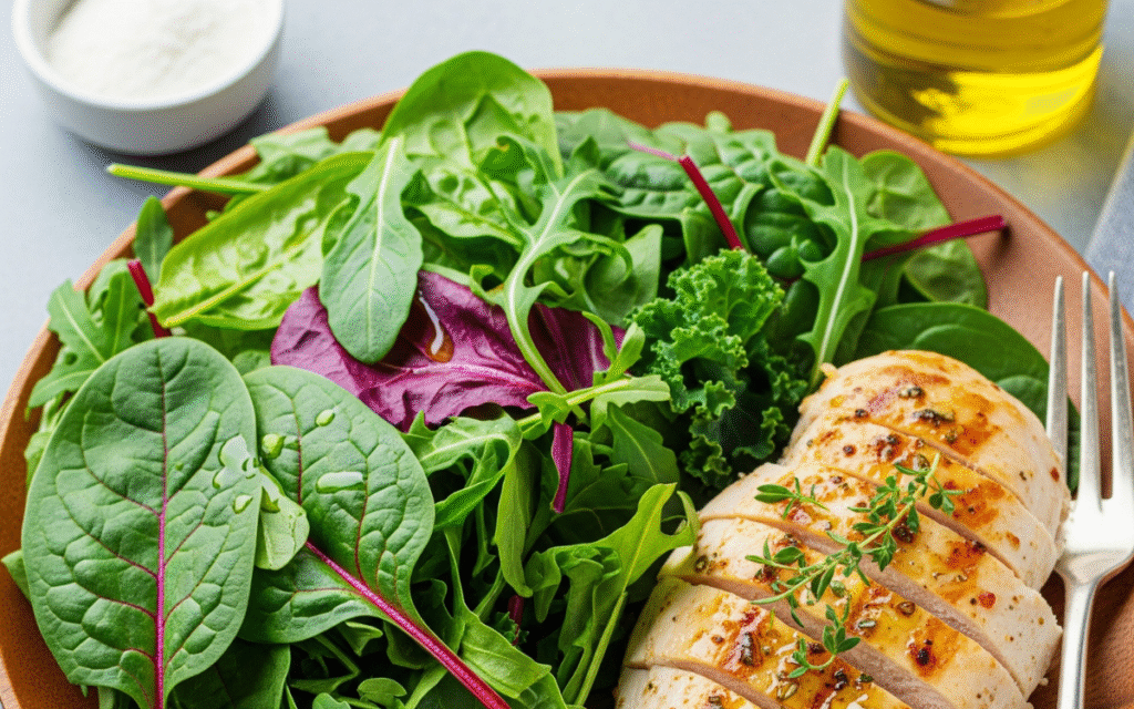 A healthy high-protein meal of grilled chicken breast and leafy greens, supporting balanced nutrition for exercise & fitness for women over 40.