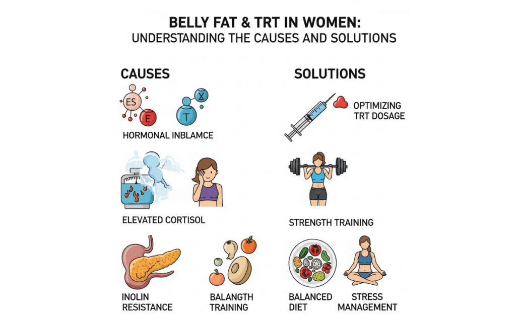 Infographic on causes of belly fat during testosterone therapy in women over 40
