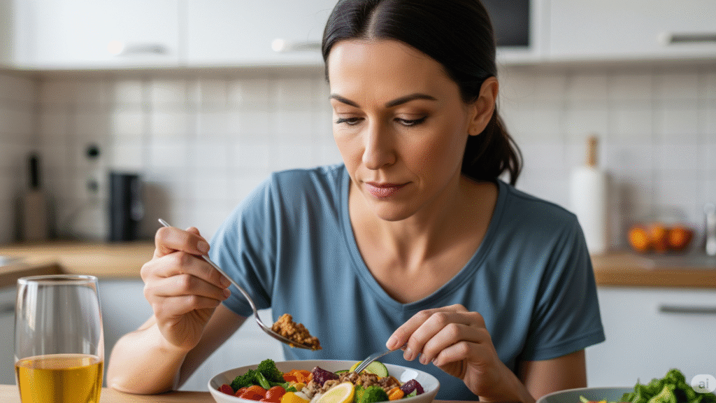 Middle-aged woman eating a healthy meal of vegetables and grains in a kitchen, promoting balanced diet and nutrition habits.