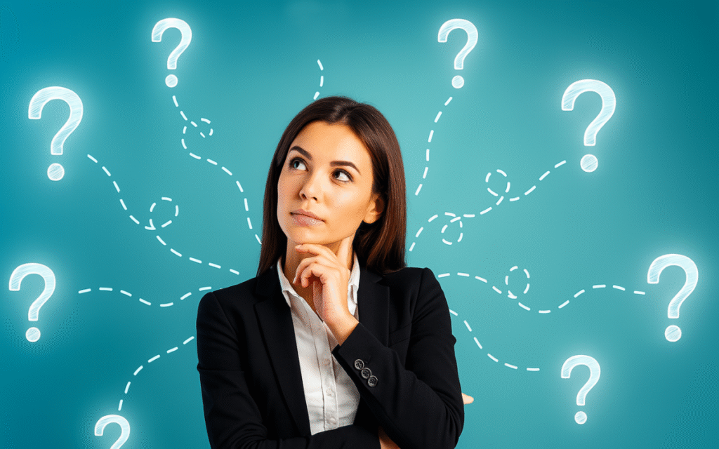 Thoughtful woman surrounded by glowing question marks on a bright background, symbolizing decision-making and curiosity about diet & nutrition choices for a healthier lifestyle.