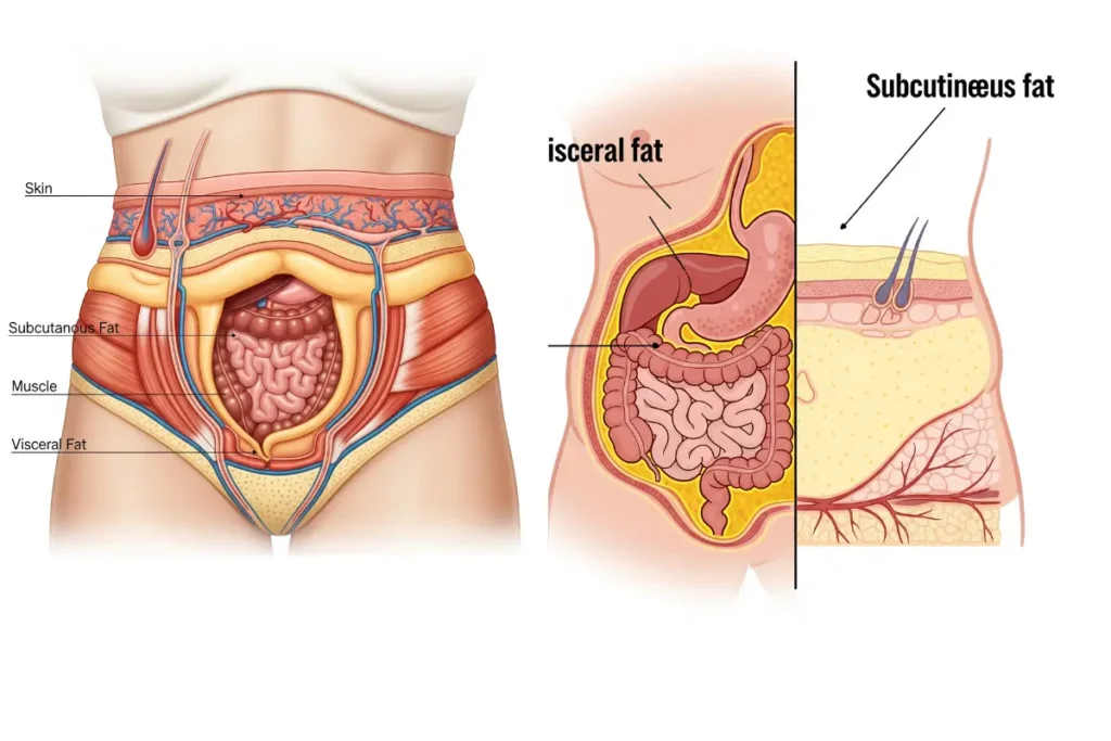 Diagram showing the difference between visceral and subcutaneous belly fat in women over 40