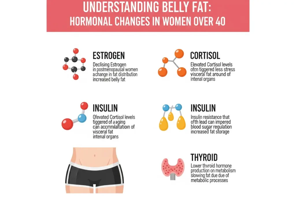 Infographic explaining hormonal changes that cause belly fat in women over 40