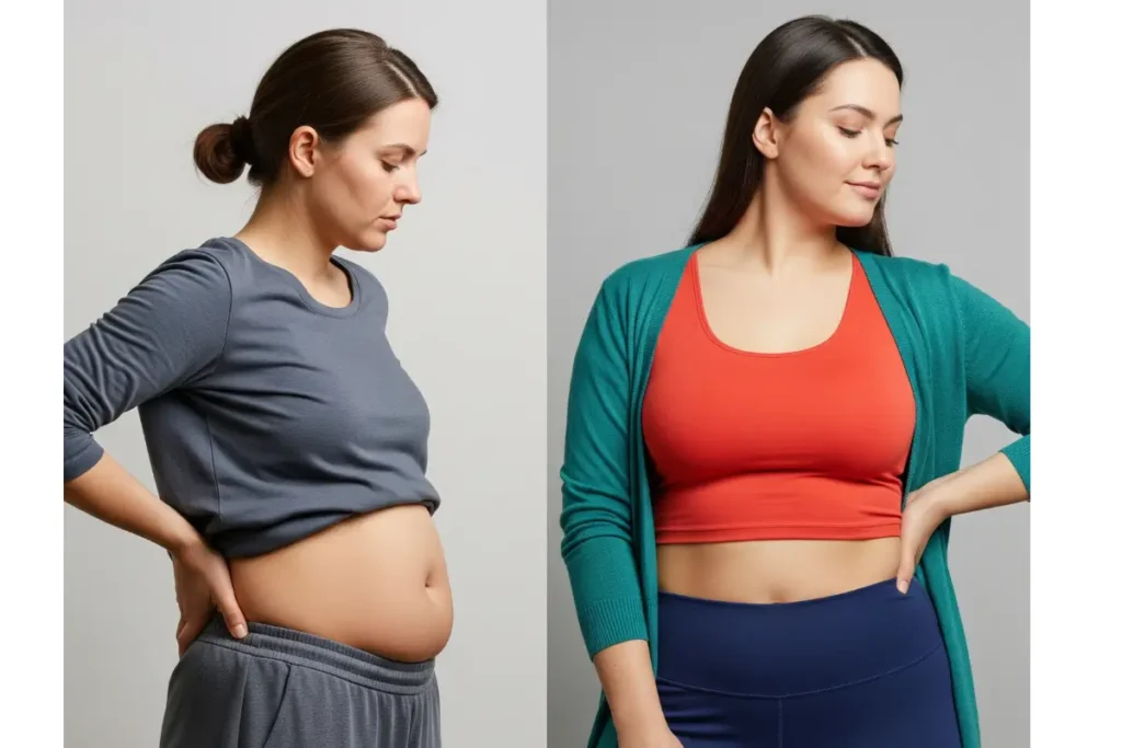 Visual comparison of cortisol belly in stressed vs. relaxed woman