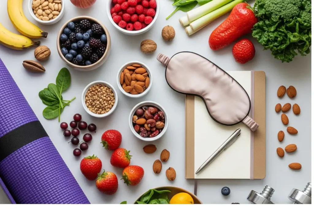 Hormone-balancing lifestyle tools for women over 40 including foods, fitness, and stress relief
