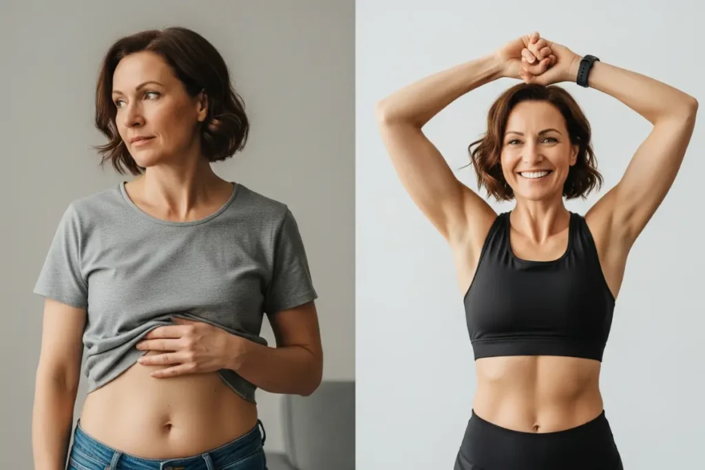 Progress photo of reduced hormonal belly fat in woman over 40 from lifestyle improvements