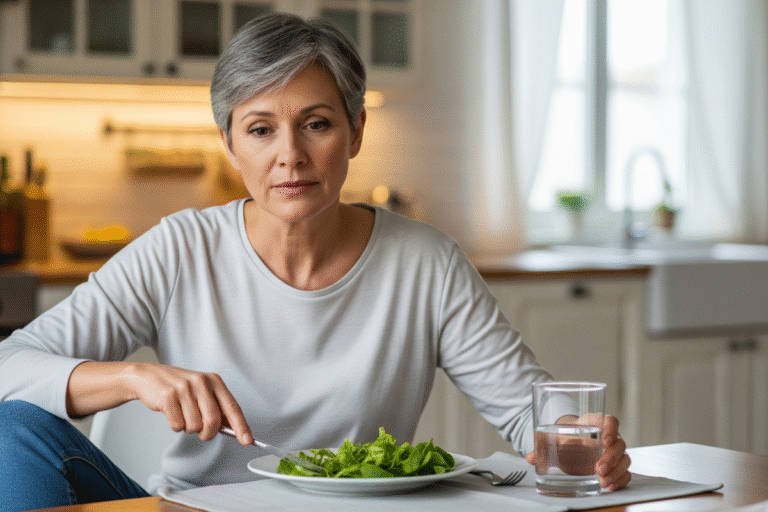 Middle-aged woman during menopause showing loss of appetite while sitting at a table with untouched food