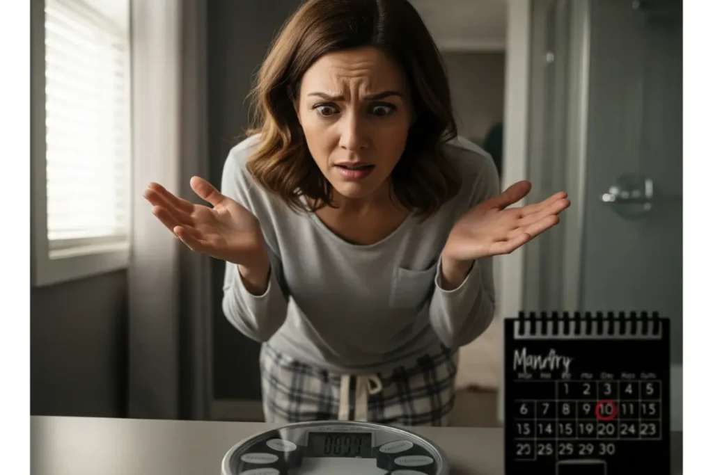 Woman looking confused at a scale, symbolizing hormone imbalance weight gain symptoms after 40.