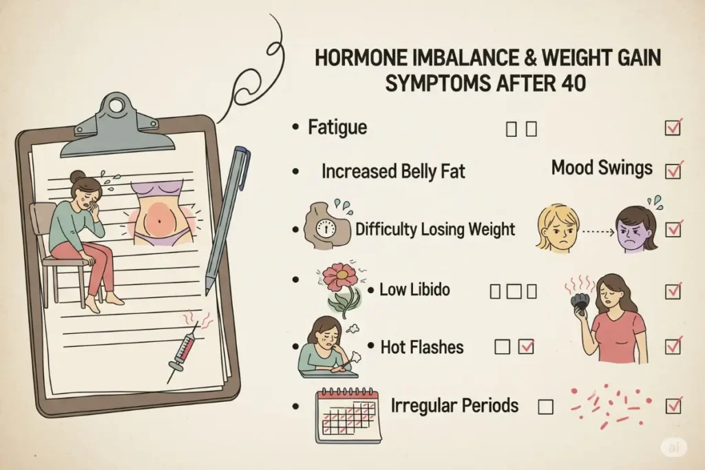 Illustrated checklist of hormone imbalance weight gain symptoms after 40, including fatigue, belly fat, and mood swings.