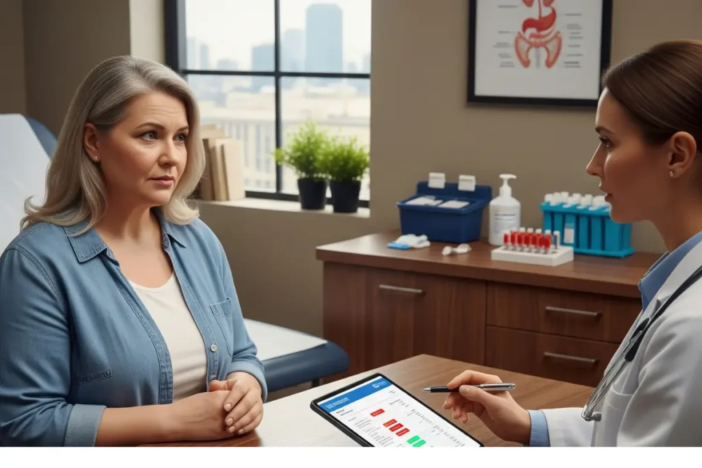Blood test consultation for diagnosing hormone imbalance weight gain symptoms after 40.