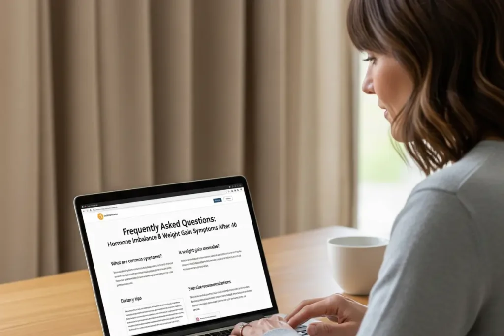 Woman researching frequently asked questions about hormone imbalance weight gain symptoms after 40.