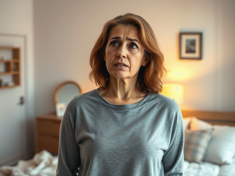 Woman in her 40s looking concerned while weighing herself in a warm bedroom setting — Hormones and Weight Loss Over 40