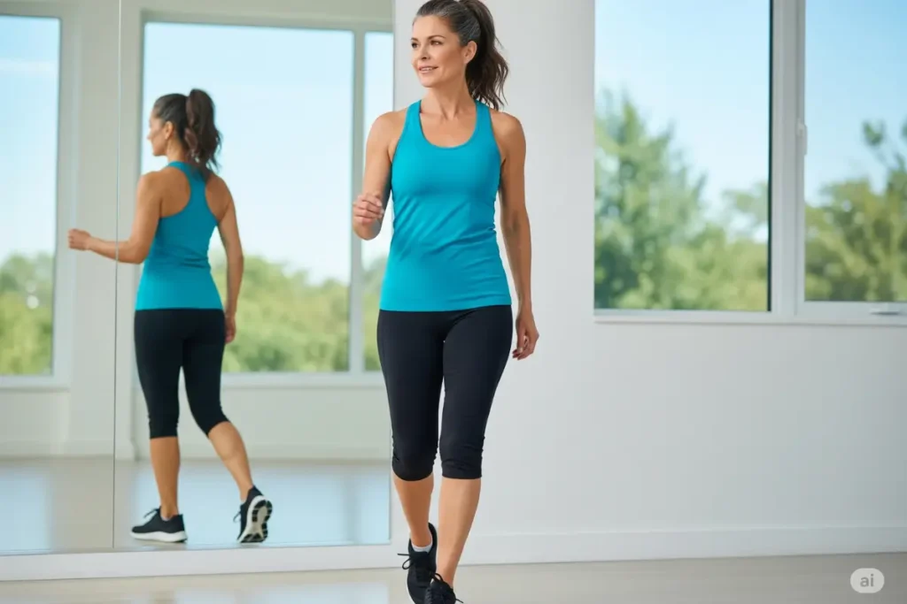 Confident woman over 40 overcoming hormonal weight gain with healthy lifestyle