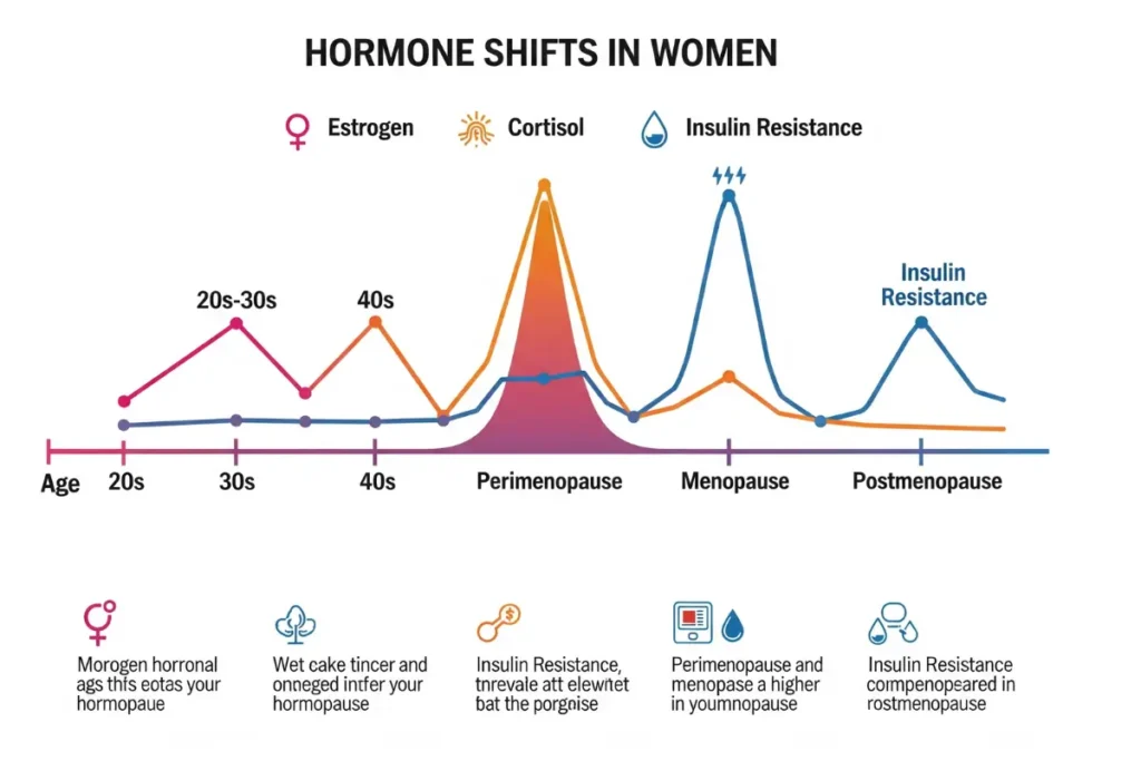 Infographic explaining hormonal changes that cause weight gain in women over 40