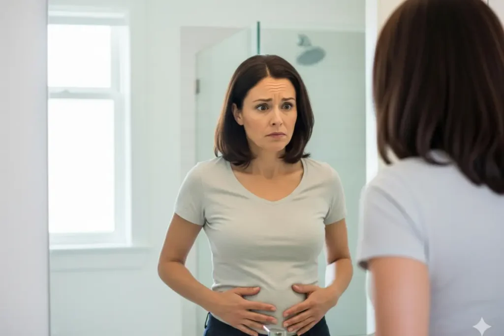 Signs of hormonal weight gain after 40 include belly fat, sudden weight gain, and fatigue