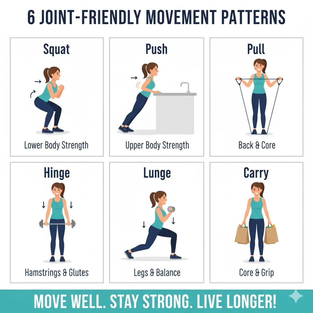 Core strength training exercises for women over 40 including squats, lunges, and carries