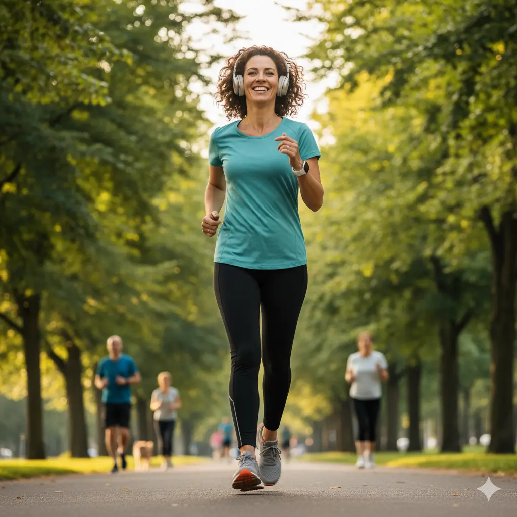 A woman in her mid-40s jogging outdoors with headphones, smiling.
