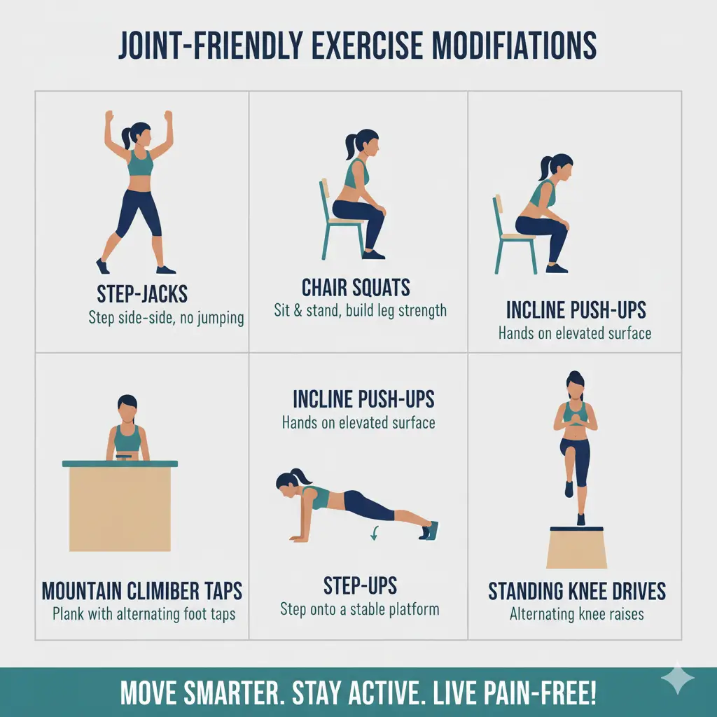 Low-impact HIIT modifications for women over 40: step-jacks, chair squats, incline push-ups, step-ups