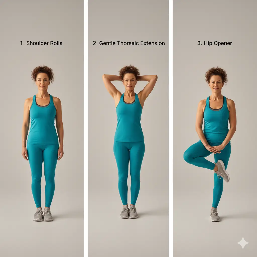 Posture sequence for confidence building after 40: hip openers, shoulder rolls, alignment.