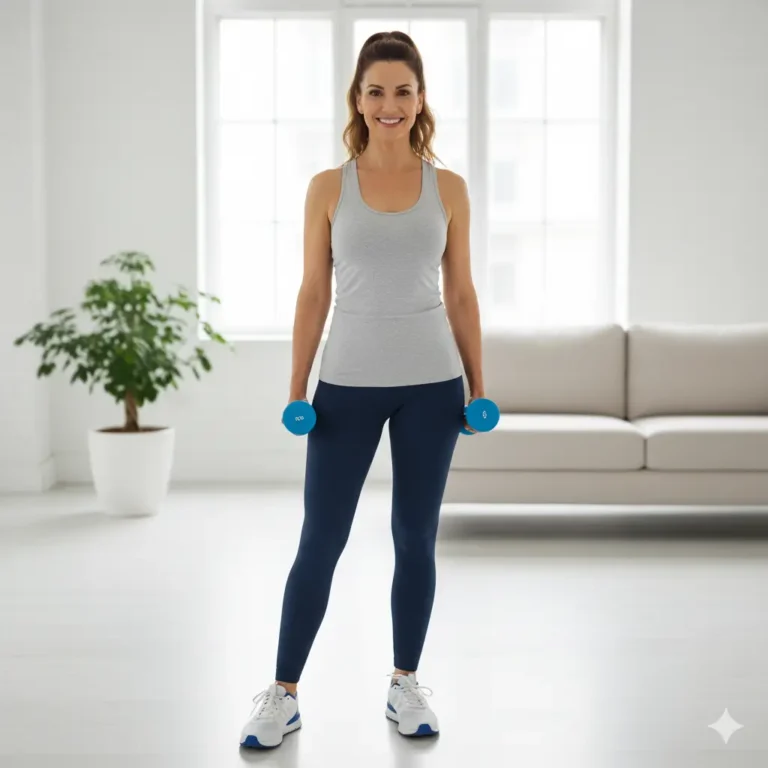 Strength training women over 40 beginner workout at home with dumbbells
