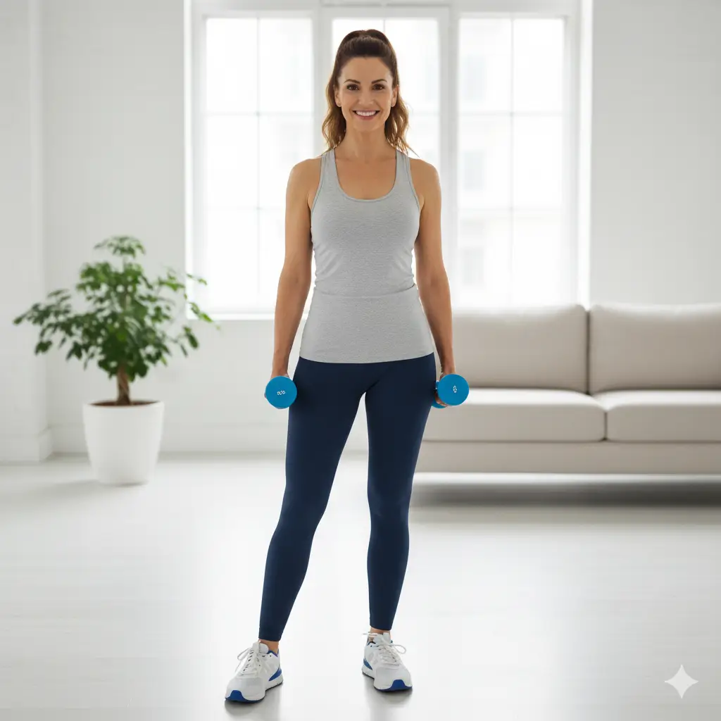 Strength training women over 40 beginner workout at home with dumbbells