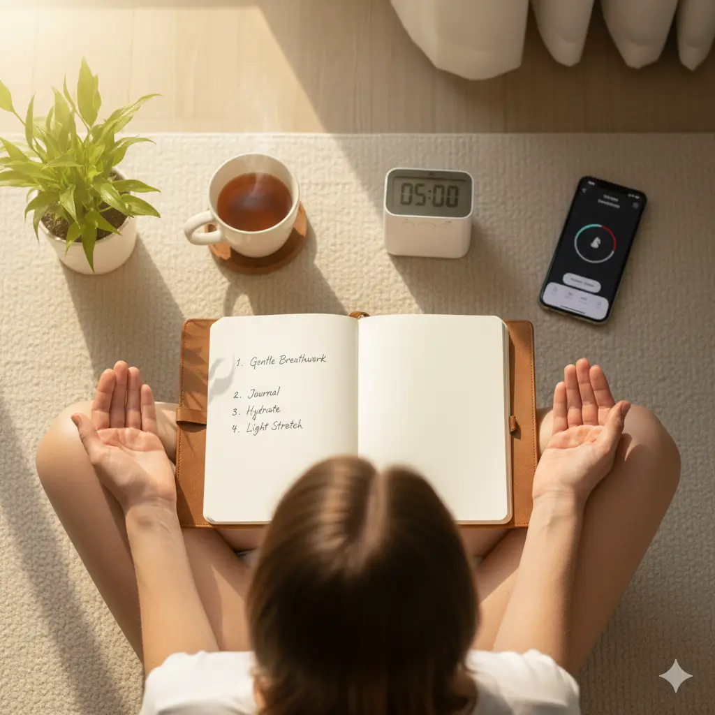 Morning rituals for confidence building after 40: journaling, box breathing, posture reset.