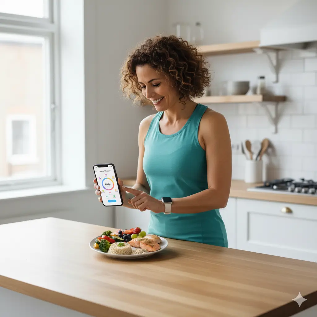 A woman tracking her meals using a calorie counting app. for calorie needs