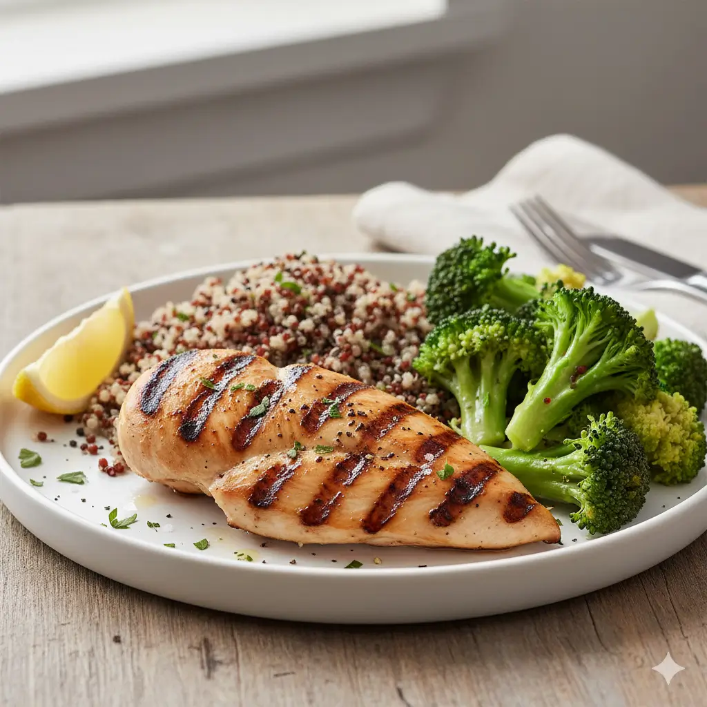 high protein menopause diet plan meal with chicken quinoa broccoli