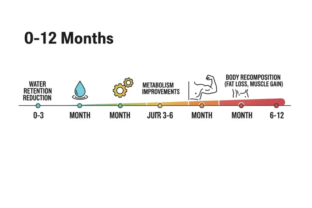 HRT weight loss timeline showing changes from 0 to 12 months

