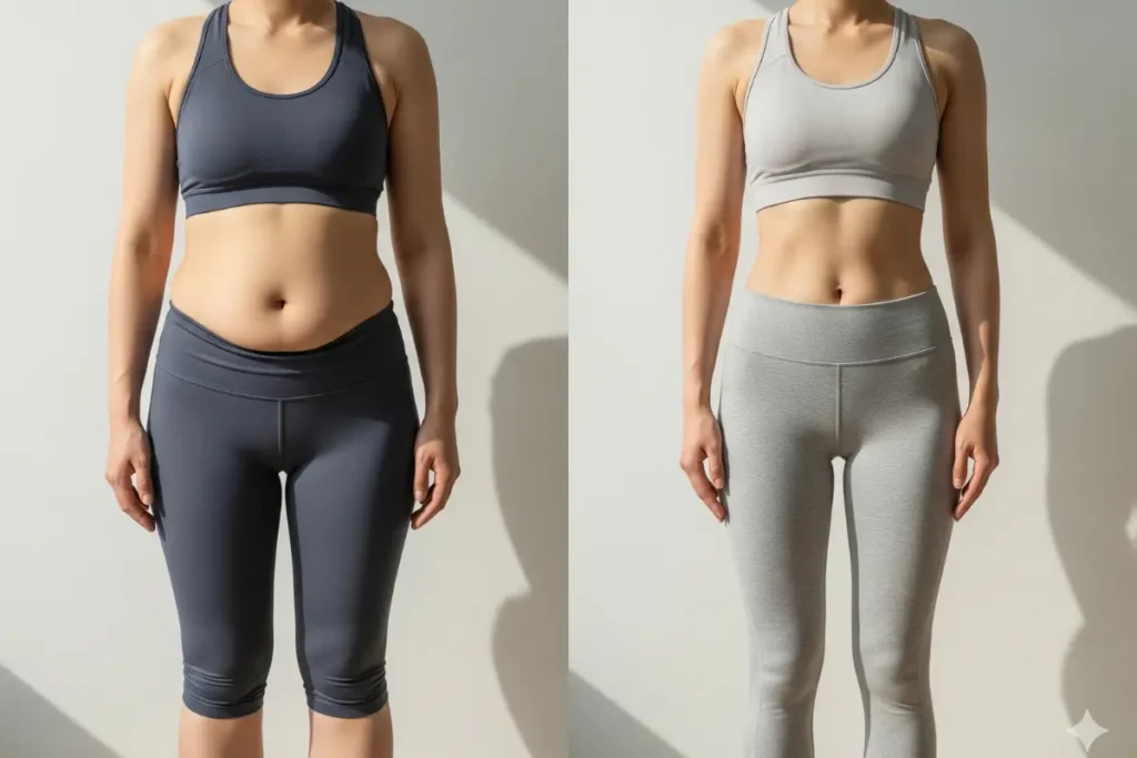  Illustration of weight changes on HRT showing early bloating vs balanced results
