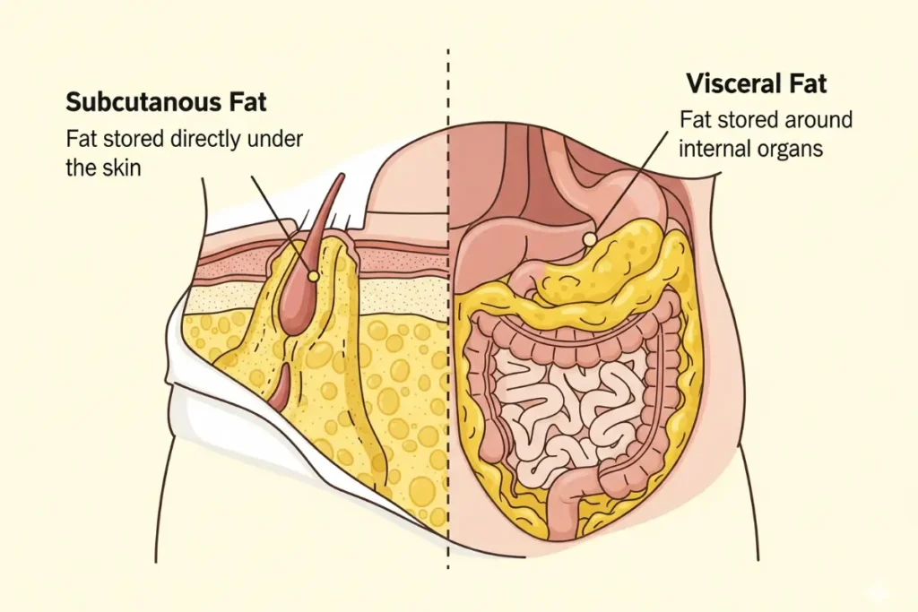 medical-style but easy-to-read diagram showing visceral fat (around organs) vs subcutaneous fat (under skin).