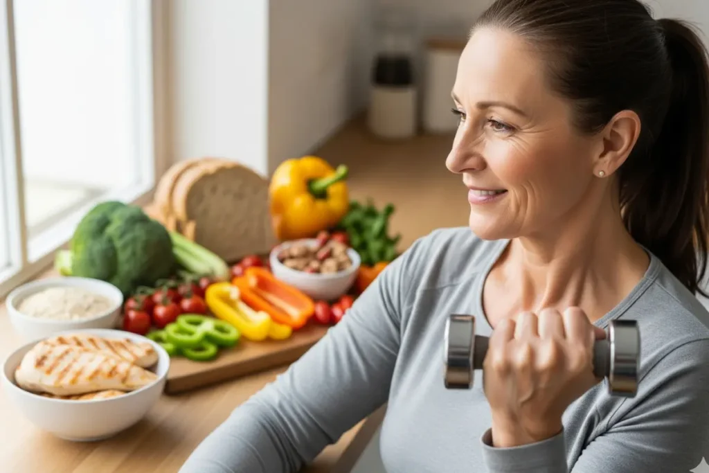 Woman on HRT combining exercise and healthy eating for weight loss
