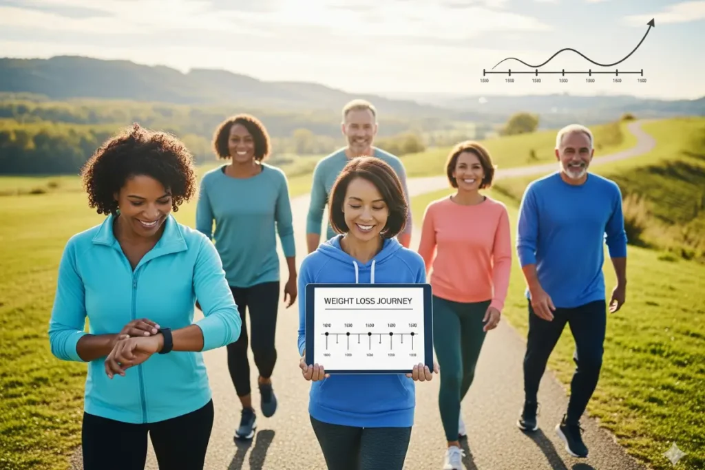 How long does it take to lose weight on HRT – midlife woman walking with fitness tracker, timeline concept for gradual weight loss journey