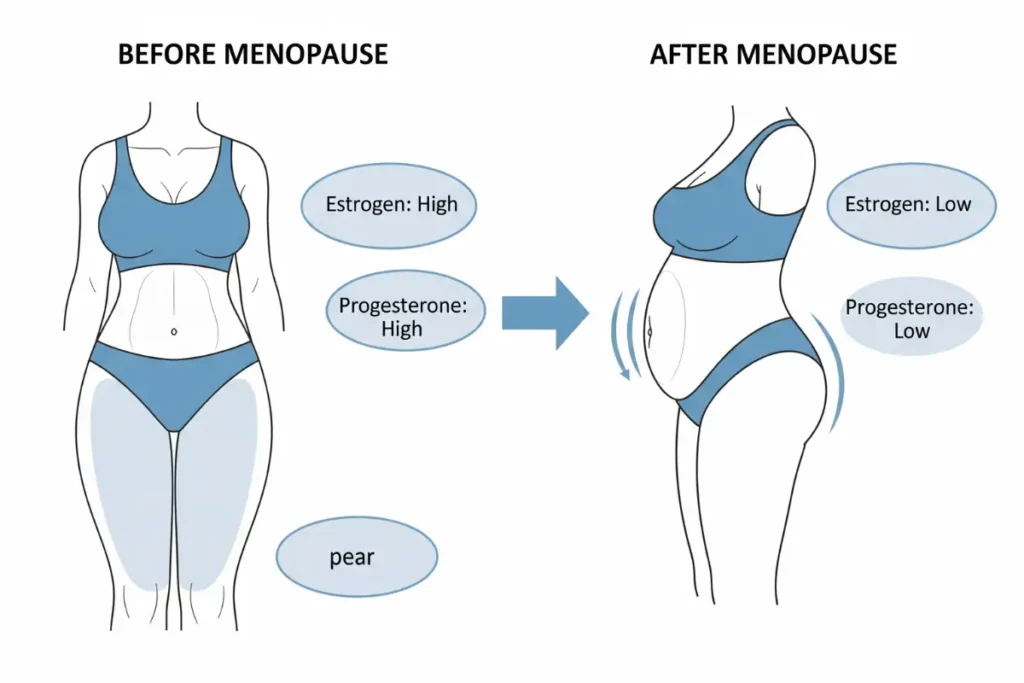 Diagram: hormone changes and belly fat after 40