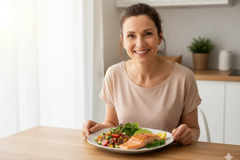 Woman over 40 eating a high-protein meal of salmon, quinoa, and vegetables for weight loss