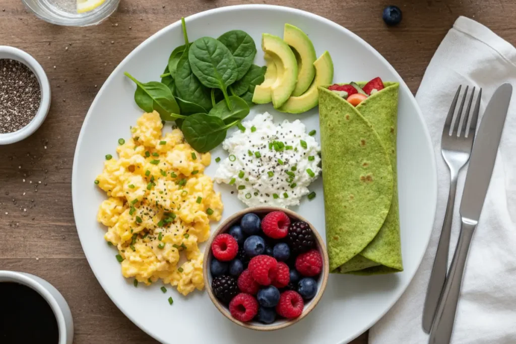 High-protein breakfast with eggs, cottage cheese, and spinach wrap for women over 40