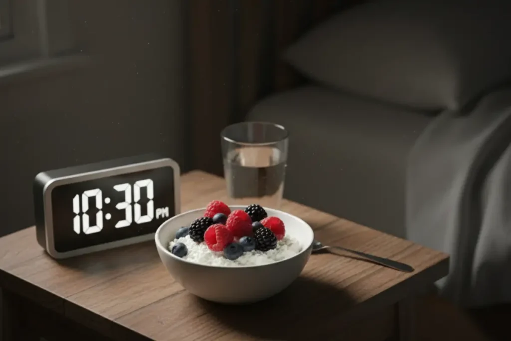 Cottage cheese with berries as an evening protein snack for overnight muscle repair