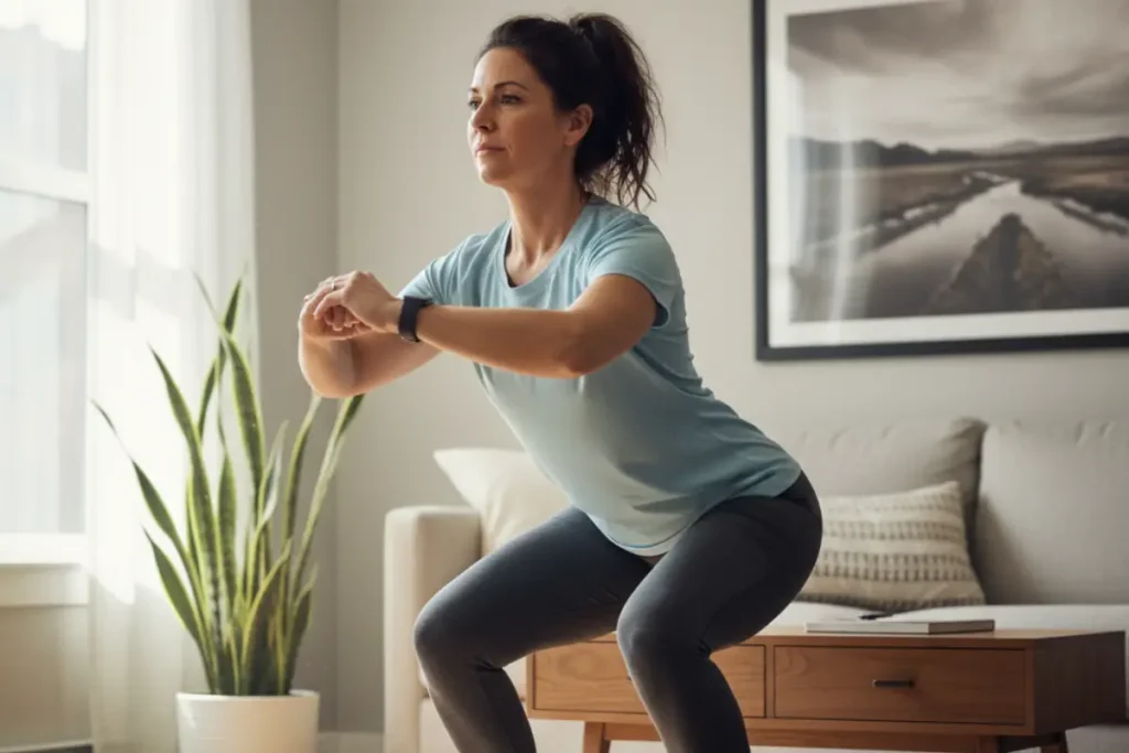 Woman over 40 doing resistance training to support protein intake and weight loss